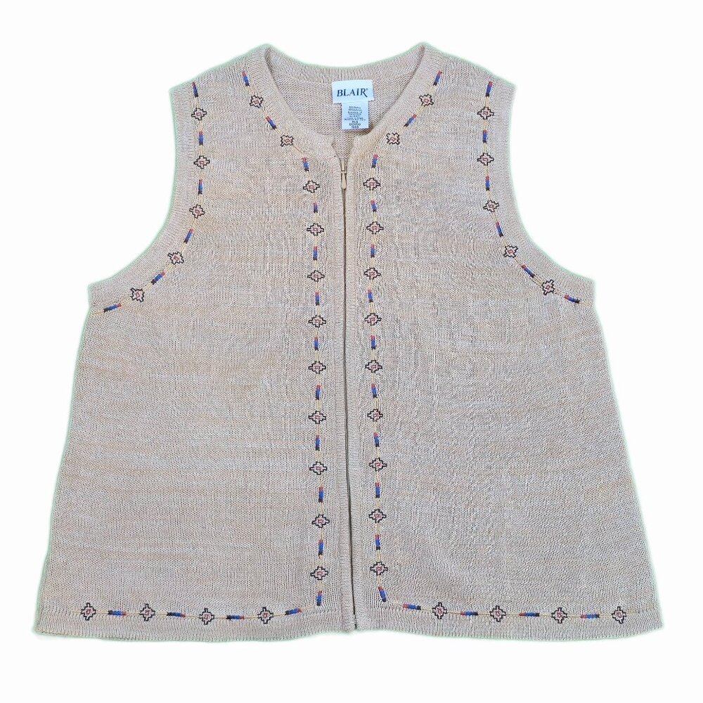 BLAIR Women's Vintage Knit Vest‎ – Beige with Southwestern Embroidery Size XL
